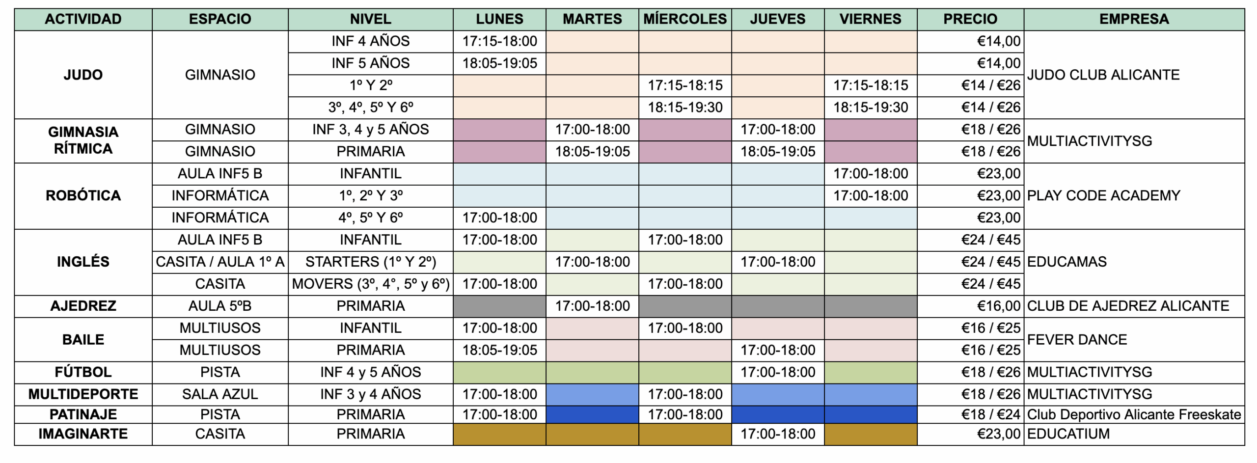 Horarios extraescolares 2025/2026